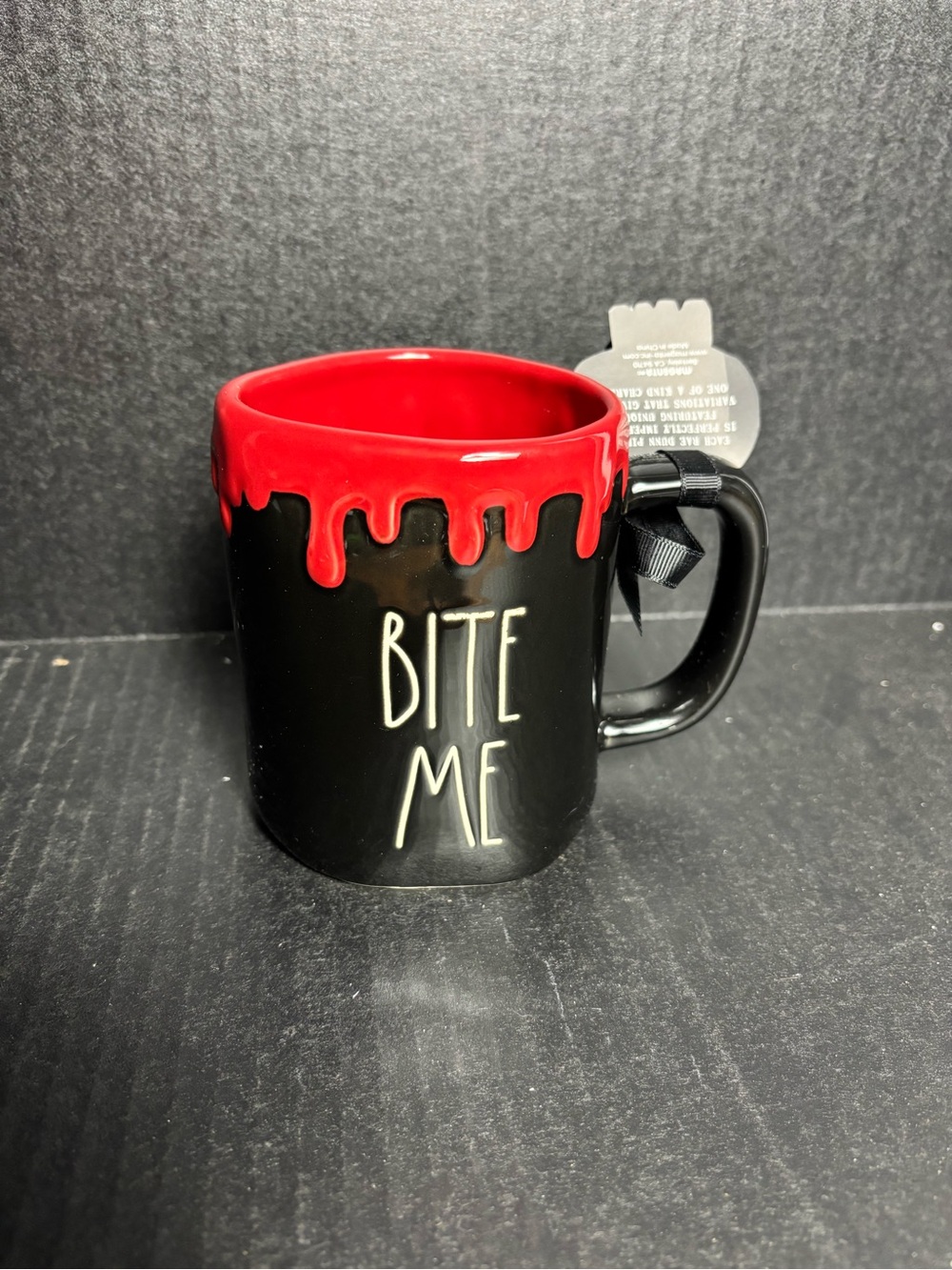 Rae Dunn Black Mug with Red Drip "BITE ME"
